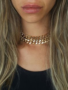 Gold Double Chain Necklace For Party, Party Cuban Link Chain Necklace With Adjustable Chain, Gold Cuban Link Double Chain Necklace, Gold Curb Chain Choker Jewelry, Gold Chain Link Choker With Curb Chain, Gold Double Chain Link Necklace, Gold Link Chain Necklace With Double Chain, Gold Chunky Chain Choker For Party, Gold Metal Chain Choker