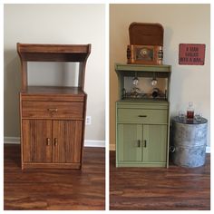 two pictures side by side, one has a cabinet and the other has a metal bucket