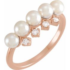 Akoya Pearl with Diamond Accents Five Round 4-4.5mm Freshwater Pearl Round diamonds totaling to 1/8cttw Set in 14K 8 Carat Diamond Ring, Saint Jewelry, Pearl And Diamond Ring, Authentic Jewelry, Akoya Pearls, Stackable Ring, Pearl Diamond, Ring Fit, Round Brilliant Cut Diamond