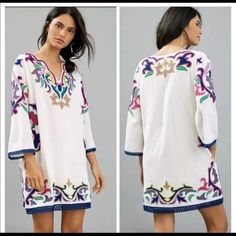 Size S Adorned With Sweetly Embroidered Florals, This Tunic Dress Is Perfect For Walks In The Sand. Nwot Tunic Dress With Hip Pockets Cotton/Linen Embroidered Detail 3/4 Bell Sleeves Side Slant Pockets Tunic Silhouette Measurements: Length 35”, Armpit To Armpit 19”, Hips 20” Sewing Tips, Embroidered Tunic Dress, Pocket Tunic, Embroidered Tunic, Clothes Inspiration, Anthropologie Dress, The Sand, Anthropologie Dresses, Sewing Hacks