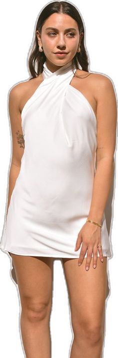 Summer Stretch Satin Halter Dress, Chic White Halter Neck Mini Dress, Summer Wedding Mini Dress With Spaghetti Straps, Summer Stretch Satin Mini Dress, Elegant Sleeveless Halter Top For Brunch, Elegant Summer Halter Top For Date Night, White Stretch Halter Dress For Summer, Flirty Summer Wedding Mini Dress, Summer Wedding Halter Neck Dress