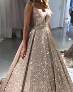 Rose Gold Quinceanera Dresses, Royal Ball Gowns, Glitter Prom Dress, Sequin Ball Gown, Glitter Prom Dresses, Quinceanera Dresses Gold, Sparkly Prom Dresses, Gold Prom Dresses, Prom Dresses With Pockets