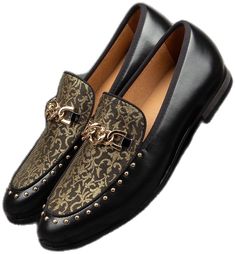 Elegant Leather Shoes For Fall Galas, Elegant Gold Dress Shoes With Leather Sole, Elegant Black Loafers For Fall, Elegant Gold Slip-on Dress Shoes, Elegant Gold Dress Shoes For Business, Elegant Gold Dress Shoes For Formal Occasions, Designer Black Party Loafers, Luxury Gold Loafers For Party, Designer Black Loafers For Party