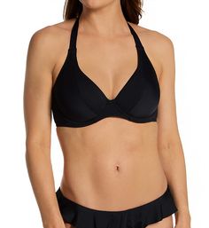 With simple halter top styling, plunging neckline, and supportive cups, this cute swim top will have you looking and feeling great. Made from nylon and elastane. Multi-part underwire cups have vertical seaming for a rounded, forward shape. Cups are lined with power mesh and have smooth knit lining near neckline. Bra-sized cups give a great fit! Low, plunge neckline has sewn-in elastic at the edge for a sustained fit. Triangular center is reinforced with non-stretch mesh. Covered elastic underban Halter Neck Top With Built-in Bra For Pool, Chic Halter Neck Swimwear With Padded Cups, Elegant Black Halter Top For Poolside, Elegant Push-up Bra Friendly Swimwear, Fitted Halter Top With Padded Cups For Beach Season, Stretch Halter Top With Padded Cups For Swimming, Fitted Halter Top With Padded Cups For Vacation, Poolside Underwire Tankini With Padded Cups, Underwire Tankini With Padded Cups For Poolside