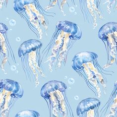 a group of jellyfish floating in the ocean on a light blue background with bubbles