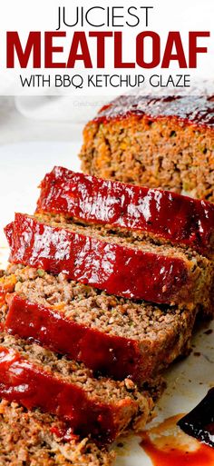 sliced meatloaf with bbq ketchup glaze on a white plate