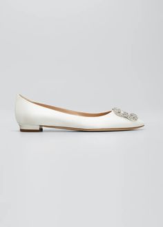 Manolo Blahnik Hangsi Satin Crystal-Buckle Ballerina Flats - Bergdorf Goodman Elegant Crystal Embellished Ballet Flats For Evening, Elegant Fitted Closed Toe Flats, Elegant Leather Ballet Flats For Wedding, Elegant Low Heel Ballet Flats For Galas, Elegant Embellished Ballet Flats, Elegant Embellished Flat Ballet Flats, Elegant Flats With Flat Heel, Embellished Elegant Ballet Flats, Elegant Embellished Ballet Flats For Formal Occasions