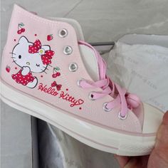 Brand New Quality Pink High Top Canvas Shoes Will Ship W Care W No Box In Order To Save You $ In Shipping. I Ship Fast And You Will Receive In 2-3 Days Anywhere In The Usa Hello Kitty Items Goth, Cute Shoes Pink, Hello Kitty Sneakers, Hello Kitty Converse, Sanrio Style, Sanrio Shoes, Hello Kitty Crocs, Cute Converse Shoes, Casual Shoes Women Sneakers