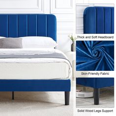 an image of a bed with blue velvet headboard and foot board in different positions