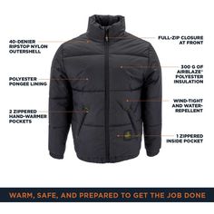 The EnduraQuilt insulated work jacket is the perfect outerwear to wear in cold weather. This men’s heavy winter coat will keep you comfortable in temperatures down to -30°F (-34°C) and has 300 g of AirBlaze polyester insulation for maximum heat-trapping capabilities. With a polyester pongee lining and a water-resistant and wind-tight 40-denier nylon outer shell, it will protect you from rain, snow, and ice and help you stay warm and comfortable on the job. Wear this weatherproof outdoor coat zip Durable Utility Outerwear For Outdoor Work, Cold Weather Down Outerwear With Fleece Lining, Cold Weather Outerwear With Fleece Lining And Down, Down Outerwear With Fleece Lining For Cold Weather, Utility Puffer Outerwear For Cold Weather, Waterproof Down Outerwear For Cold Weather, Durable Solid Outerwear For Fall, Utility Puffer Jacket For Winter, Winter Windbreaker With Fleece Lining For Outdoor Work