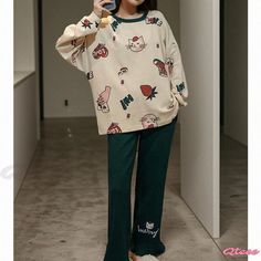 Qteee - Cute Bunny Cartoon Printed Pajamas Set Casual Long Sleeve Home Sets, Casual Printed Sleep Sets, Casual Cartoon Print Sleep Sets, Casual Cartoon Print Sleepwear Sets, Casual Sleepwear Sets With Cartoon Print, Casual Home Sets For Fall, Loungewear Sets With Cartoon Print And Crew Neck, Casual Cartoon Print Sleepwear For Winter, Cute Graphic Print Long Sleeve Sets