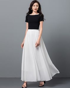 * A long skirt with elastic waist. * A-line shape and wide hem, can make you look more taller and slimmer. * Made of pearl chiffon and fully lined. * Can custom make waist size and skirt length. * Material: 100% polyester * Size: True to US size, US 0-US 20 are available, you can let us know your usual size and height in your order. * Shipping: Free shipping Processing time : 5-7 Business days Delivery time : 7-20 Business days Tracking number available If you need rush order or expedited shippi White A-line Dress With Flowy Skirt, Flowy A-line Dress With Lined Skirt, Chic A-line Lined Maxi Skirt, Chic A-line Maxi Skirt With Relaxed Fit, Chic A-line Maxi Skirt With Lining, Elegant Long Dress In Solid Color, White Lined Maxi Dress, Summer Maxi Dress With Voluminous Flared Skirt, Chic White A-line Pleated Skirt