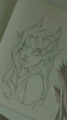 a drawing of a girl with horns on her head