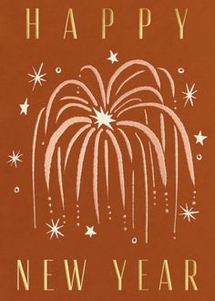 a happy new year card with fireworks and stars in the sky on an orange background