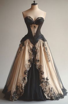 Emo Wedding Dresses, Champagne And Black Wedding, Regal Gowns, Punk Wedding Dresses, Gothic Ball Gown, Md Dresses, Goth Gown, Family Reference, Goth Prom Dress