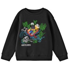 Step into the pixelated world of Minecraft with this officially licensed youth sweatshirt! This cozy black sweatshirt features an iconic character paddling through a doodled background. The crew neck adds a classic touch, while the comfortable fit makes it perfect for everyday adventures. Made from a blend of 60% cotton and 40% polyester, this sweatshirt offers a soft and durable fabric that will keep you warm and cozy. Whether you're building epic structures or battling hostile creatures, this Black Crew Neck Sweatshirt With Character Print, Black Cartoon Print Sweatshirt For Streetwear, Black Cartoon Print Sweatshirt Streetwear, Casual Black Sweatshirt With Character Print, Black Cotton Sweater With Cartoon Print, Casual Black Sweater With Cartoon Print, Black Crew Neck Hoodie With Character Print, Black Cotton Sweatshirt With Cartoon Print, Black Crew Neck Sweater With Graphic Print