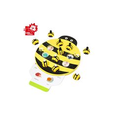 a yellow and black toy with bees on it