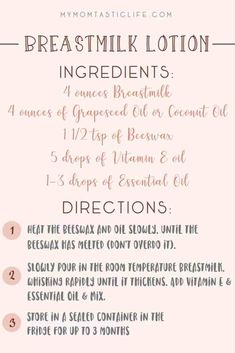 an info sheet with instructions for breast milk lotion ingredients in pink and white colors