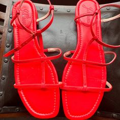 Women J Crew Abbie Sandals Leather T-Strap Sandals In Neon Poppy Sz 9,5 Nwot 0001 Sa2 Red Sandals With Buckle Closure For Summer, Red Buckle Closure Sandals For Summer, Summer Evening T-strap Sandals With Ankle Strap, Spring T-strap Sandals With Heel Loop, Red Slingback Sandals With Buckle Closure For Summer, Chic T-strap Slingback Sandals For Spring, Chic Spring T-strap Slingback Sandals, Chic Red Strap Sandals, Red Sandals With Buckle Closure For Spring