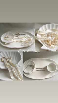 three pictures of white dishes with pearls and rings on them, one is for the bride