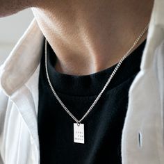 A minimal men's rectangle pendant necklace, make it meaningful with up to three lines of personalisation. The sterling silver pendant is hand stamped with up to 6 characters per line, perfect for children's names and special dates. Individually handmade in our studio and presented in a bespoke Minetta box, ready for gift giving. Choose your chain style; 'minimal' or 'bold'. - 'Minimal' chain: 1.6mm trace chain - 'Bold' chain: 2mm curb chain ▶︎ Personalised options: When placing an order, please Modern Personalized Rectangular Necklaces, Minimalist Sterling Silver Necklace For Father's Day, Silver Necklace With Name On Rectangular Pendant, Hand Stamped Rectangular Pendant Necklace In Sterling Silver, Rectangular Engraved Necklaces For Birthday Gift, Minimalist Rectangular Necklace With Engraving Option, Silver Rectangular Pendant Necklace For Personalized Gift, Minimalist Rectangular Pendant Necklace For Father's Day, Hand Stamped Sterling Silver Rectangular Necklaces