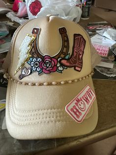 One of a kind trucker hat to fit the western/boho vibes! Hat Ideas, Western Boho, Boho Vibe, Custom Hats, Baseball Caps, Trucker Cap, Baseball Cap, Caps Hats, Trucker Hat