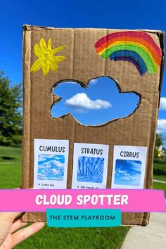 someone is holding up a cardboard box with pictures on it and the words cloud spotter