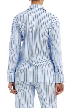 A lightweight cotton-blend design lends versatile style to this boxy-fit button-up covered in smart stripes. Front button closure Spread collar Long sleeves with button cuffs 70% cotton, 27% polyamide, 3% elastane Dry clean Imported Blue Cotton Shirt With Striped Cuffs, Casual Pinstripe Tops With Button Cuffs, Button-up Tops With Striped Cuffs For Daywear, Pinstripe Tops With Button Closure And Relaxed Fit, Striped Cotton Blouse With Button Cuffs, Pinstripe Cotton Button-up Blouse, Striped Button-up Tops For Loungewear, Striped Blouse With Button Cuffs And Relaxed Fit, Striped Tops With Button Cuffs And Relaxed Fit