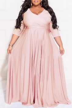 Casual Solid Patchwork V Neck Long Dress Plus Size Dresses V Neck Long Dress, Long Dress Plus Size, Pleated Sleeves, Turndown Collar, Fashion Gallery, Dress Plus Size, Wholesale Fashion, Plus Size Dresses, Dresses Online