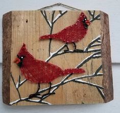 two red birds sitting on top of a tree branch