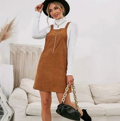 Shein Brand Nwot Half Placket Corduroy Overall Dress (Without Tee) Courdory Dress Outfits, Casual Corduroy Mini Dress For Fall, Courdory Dress Outfit, Overall Dress Outfit Fall, Courdory Dress, Corduroy Jumper Outfit, Overall Dress Outfit, Dress Outfit Fall, Corduroy Overall