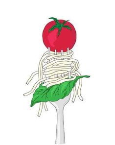 a fork with spaghetti and a tomato on top that is stuck in the middle of it