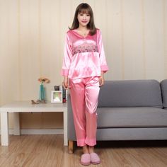 Premium Quality Womens Silk Satin Pajamas Set Sleepwear&Robes Nightdress Nightgown P002 L,XL,XXL, Womens Intimates Sleep Pink Long Sleeve Nightgown For Nighttime, Pink V-neck Pajama Party Set, Pink Long Sleeve Nightgown, Pink Long Sleeve Sleepwear For Night, Pink V-neck Sleepwear For Wedding Night, Pink V-neck Nightgown For Loungewear, Pink V-neck Nightgown For Home, Pink Long Sleeve Nightgown For Wedding Night, Satin Pajamas Set