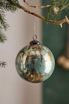 an ornament hanging from a tree branch in the shape of a round ball