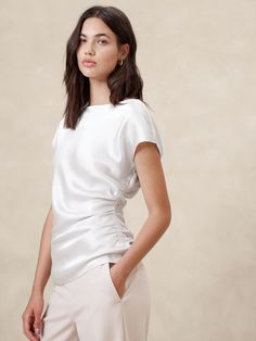 Side-Shirred Blouse | Banana Republic Factory Fitted Tops With Gathered Waist For Daywear, Versatile Fitted Ruched Blouse, Elegant Fitted Top With Gathered Sleeves, Ruched Fitted Blouse, Elegant Spring Top With Ruched Sides, Chic Ruched Silk Tops, Fitted Silk Tops With Gathered Sleeves, Fitted Silk Blouse With Ruched Detail, Versatile Fitted Silk Blouse