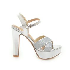 Sandals Chunky, Fun Wedding Shoes, Cute Shoes Heels, Chunky High Heels, Wedding Heels, Silver Heels, Cute Shoes, Wedding Shoes, Platform Sandals