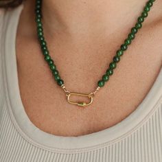 Choose between JADEITE or CANADIAN Jade - two different carabiner styles available, select your choice in the drop down menu! D E T A I L S △ Handmade in Vancouver, Canada △ AAAA+ Jadeite or Canadian Jade 6mm △ 14K gold filled findings on necklace △ Gold vermeil carabiner [3 microns of gold on sterling silver] △ Gold vermeil REVERSIBLE pendant [optional] △ Gemstones are 100% genuine  LENGTH of strand is 18", carabiner adds additional length :) Jade: harmony, prosperity, luck Q U A L I T Y  The u Cheap Bohemian Jade Necklaces, Luxury Beaded Jade Necklace, Green Jade Necklace, Jade Bead Necklace, Gemstone Properties, Jade Gemstone, Rishikesh, Necklace Green, Jade Necklace