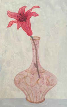 a painting of a red flower in a pink vase on a white tablecloth background