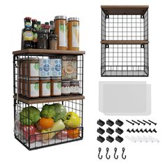 two shelves with wire baskets and various items on them