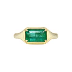 Each of our gemstone signet rings contain a distinctive, one-of-a-kind stone that has been hand-selected by Maggi. Due to the uniqueness of these precious materials, only one is available. One-of-a-kind gemstone ring featuring one custom cut emerald set in an east west emerald cut signet style setting. Timeless Emerald-cut Ruby Ring, Timeless Polished Emerald Ring, Oval Signet Ring With May Birthstone Gemstone, Timeless Green Signet Ring With Polished Finish, Classic Green Open Signet Ring, Heirloom Style Green Emerald Ring With Polished Finish, Heirloom Style Polished Emerald Ring, Heirloom Style Emerald Open Ring, Heirloom Style Open Emerald Ring