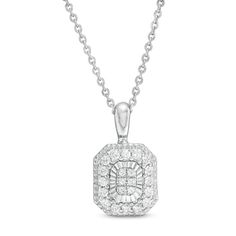 Update your casual or dressy looks with this striking diamond pendant. Created in 14K white gold, this geometric earring showcases a rectangular diamond composite - artfully set to enhance size and sparkle - wrapped in an octagonal frame of diamonds and a textured border. Radiant with 1/6 ct. t.w. of diamonds and a brilliant buffed luster, this pendant suspends along an 18.0-inch cable chain that secures with a lobster claw clasp. Necklace Clasps, Geometric Earrings, White Metal, Diamond Stone, Necklace Designs, Cable Chain, Diamond Pendant, Luxury Jewelry, Lobster Claw