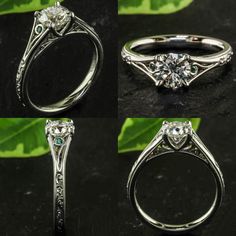 four different views of an engagement ring with diamonds and emeralds on the sides, from top to bottom