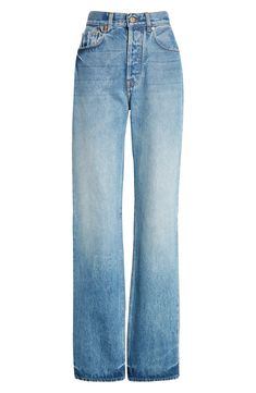 The signature 'J' doubles as a belt loop on these high-rise, straight-leg jeans crafted from cotton nonstretch denim in a faded medium wash. 34" inseam; 16" leg opening; 12" front rise; 16" back rise (size 28) Zip fly with button closure Five-pocket style 100% cotton Dry clean Made in Portugal Designer Clothing Classic Straight Cropped Jeans With Belt Loops, Luxury Washed Cotton Jeans, Luxury Light Wash Jeans, Luxury Washed Blue Pants, Luxury Garment Washed Straight Leg Jeans, Jacquemus Jeans, Expensive Jeans, Fall Jeans, Casual Vest