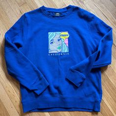 Bright Blue Pop Art Stussy Crewneck Sweatshirt, Never Worn! Blue Screen Print Sweatshirt For Streetwear, Blue Cotton Sweater With Graphic Print, Trendy Blue Graphic Print Sweatshirt, Trendy Blue Sweatshirt With Graphic Print, Blue Graphic Print Sweater For Streetwear, Blue Long Sleeve Sweatshirt With Graphic Print, Casual Blue Sweater With Graphic Print, Blue Casual Sweatshirt With Screen Print, Casual Blue Sweatshirt With Screen Print