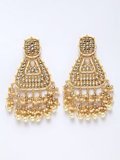 These beautiful off-white & gold-toned geometric drop earrings come with kundan stone studs & beads, are gold-plated, and are secured with a post and back closure. These handcrafted drop earrings can be styled with any ethnic outfit for a modern twist, or an evening outfit to complete a stunning look. Product color may vary based on the monitor or screen you are using.See FAQ for more details. Size Length: 14 cm Details Material: BrassStones: Kundan & Artificial BeadsPlating: Gold-plated White Chandbalis Drop Earrings For Festive Occasions, Festive White Chandbalis Drop Earrings, Festive Gold Earrings With Gold Beads, Party Temple Jewelry Earrings With Dangling Beads, Festive Dangling Beads Earrings For Celebration, Festive Celebration Earrings With Dangling Beads, Gold Kundan Danglers With Stone Work, White Kundan Earrings With Latkans, Chandbali Earrings With Gota Work For Reception