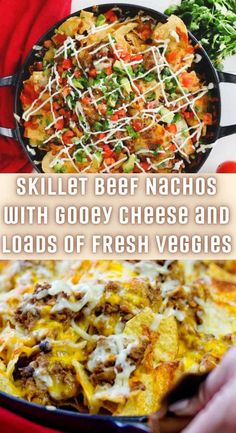 Skillet Beef Nachos with Gooey Cheese and Loads of Fresh Veggies - TASTYDONE Vegetable Nachos, Beef Nachos Recipe, Nachos Recipe Beef, Beef Nachos, Nachos Beef, Nachos Recipe, Gooey Cheese, Fresh Veggies