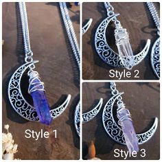 "Witchy moon necklace featuring a 2\"x2\" silver moon pendant with your choice of Quartz color - Style 1, 2 or 3. You may also choose the length of your necklace, please reference chart in photos to determine the length you want. ➳ Crystals used are 100% genuine ➳ Moon is made of metal alloy, is lead and nickel free. ➳ Moon measures approximately 2\"x2\". ➳ Lobster clasp is 8mm x 13mm and is Stainless Steel ➳ Silver chain is stainless steel and suitable for those with allergies to certain metals Silver Crescent Crystal Necklaces For Jewelry Making, Silver Crescent Crystal Necklace In Celestial Style, Silver Crystal Necklace With Moon Charm For Gift, Silver Crystal Necklace With Moon Charm, Silver Crescent Crystal Necklace Celestial Style, Celestial Silver Moon Crystal Necklace, Handmade Silver Crescent Crystal Necklace, Spiritual Silver Crystal Necklace With Moon Charm, Mystical Silver Moon Shaped Crystal Necklace