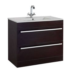 a bathroom vanity with two drawers and a faucet on the sink side,