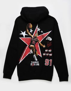 Rodman 91 Stars Oversized Hoodie. Graphic Screened At Center Chest And Back. Drawstring Hood. Cuffed Long Sleeves And Hem. Kangaroo Pocket. Fleece Lining. 80% Cotton, 20% Polyester. Machine Wash. Imported. Oversized Fall Sweatshirt With Star Print, Fall Fan Apparel Hoodie With Graphic Print, Casual Oversized Hoodie With Star Print, Cotton Sweatshirt With Star Patch For Streetwear, Casual Crew Neck Hoodie With Star Print, Oversized Cotton Sweatshirt With Star Print, Casual Star Print Hoodie For Fall, Winter Star Patch Sweatshirt For Streetwear, Winter Streetwear Sweatshirt With Star Patch