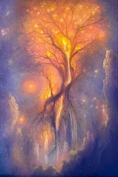 a painting of a tree in the sky with clouds and stars around it, surrounded by bright lights